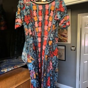 Anthropologie embroidered floral mesh swing dress - multi - size S